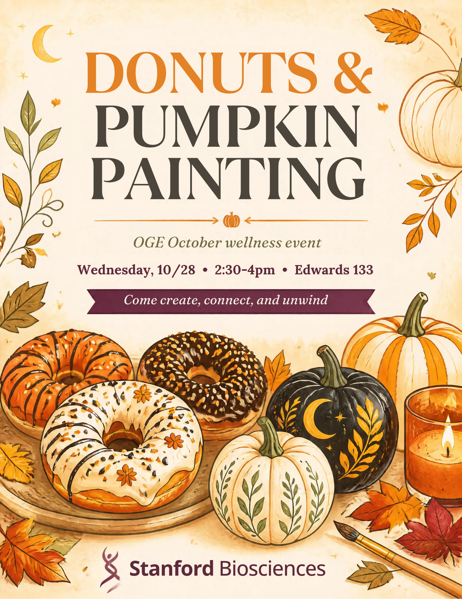 Donuts and Pumpkin Painting. A Halloween-themed wellness event on Wednesday, October 28, from 2:30 to 4:00 PM in Edwards 133.